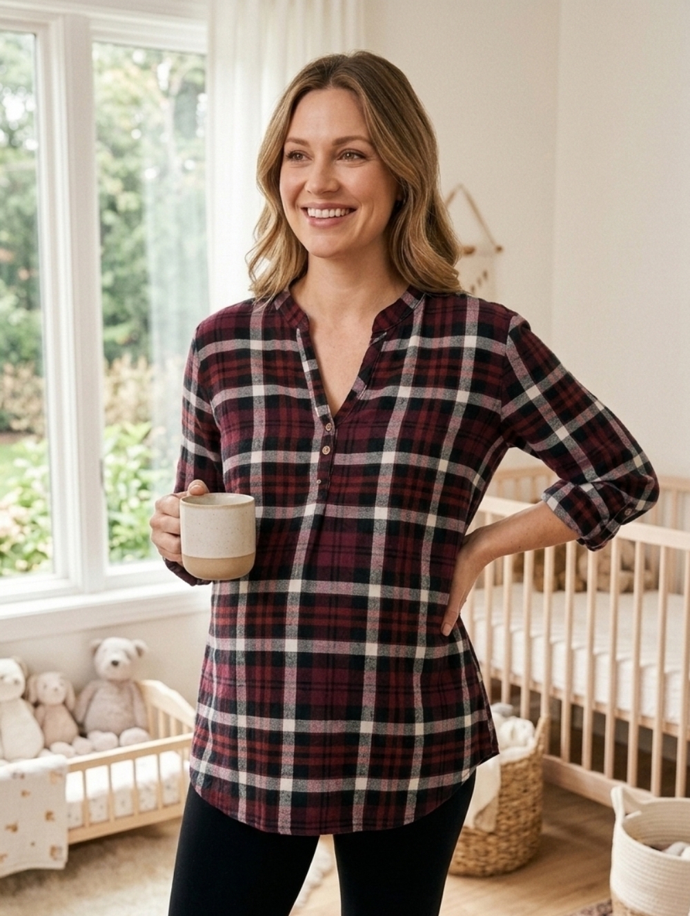 Feathers Maternity Pregnancy Expecting Casual Soft Plaid Stretch Top Blouse